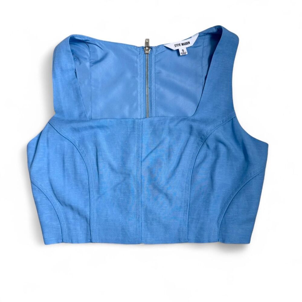 Steve Madden Linen Blend Corset Crop Top Boned Bustier Blue S - Picture 7 of 8